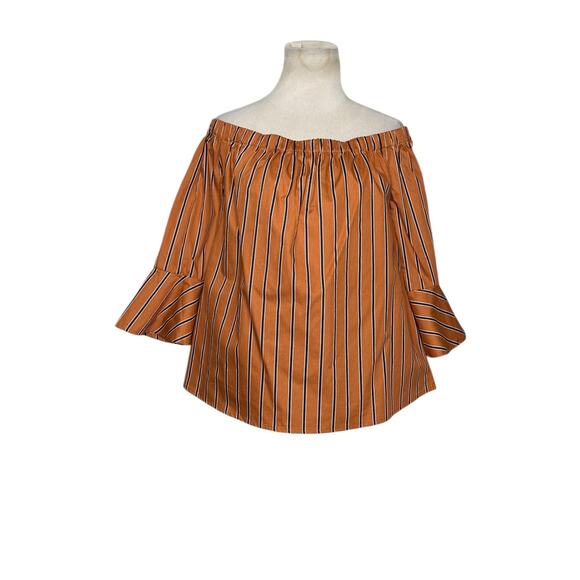 Mine brown black stripes off shoulder peasant top size Large - Picture 10 of 10